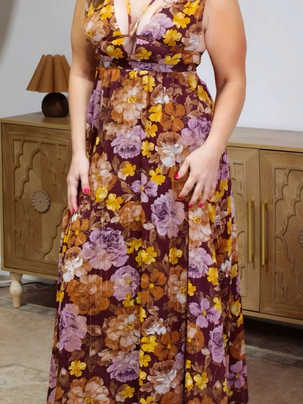 Fall Festive Women's V-Neck Floral Maxi Dress in Plum and Mustard Accents